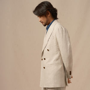 Completo <span class=keywords><strong>Uomo</strong></span> Casual in Puro <span class=keywords><strong>Lino</strong></span> della Normandia Francese Stile Napoletano a Doppio Petto Sottile Primavera/Estate - Product Image 2