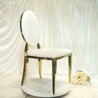 Chaises de banquet de luxe royales pour événements, en acier inoxydable doré, pour mariages en extérieur, avec coussin de siège moderne en cuir PU blanc et velours