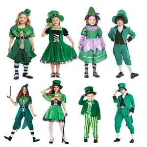 2024 cadılar bayramı festivali karnaval parti yeşil Leprechaun kostüm Suit çocuklar kızlar için St. Patrick günü Shamrock giysileri