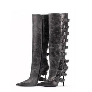 Large Size 46 Women's Back Metal Buckles Long <b>Boots</b> Slim High-Heeled Pointed Toe Knee High Booties Wide Fit Side Zipper Shoes - Product Image 1