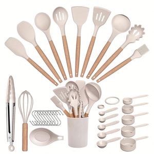 Custom 33 Pcs Kitchen Accessories Mixing Spatula Non <b>Stick</b> Cookware Set <b>Silicone</b> Kitchen Utensils Set With Wooden Handle - Product Image 1