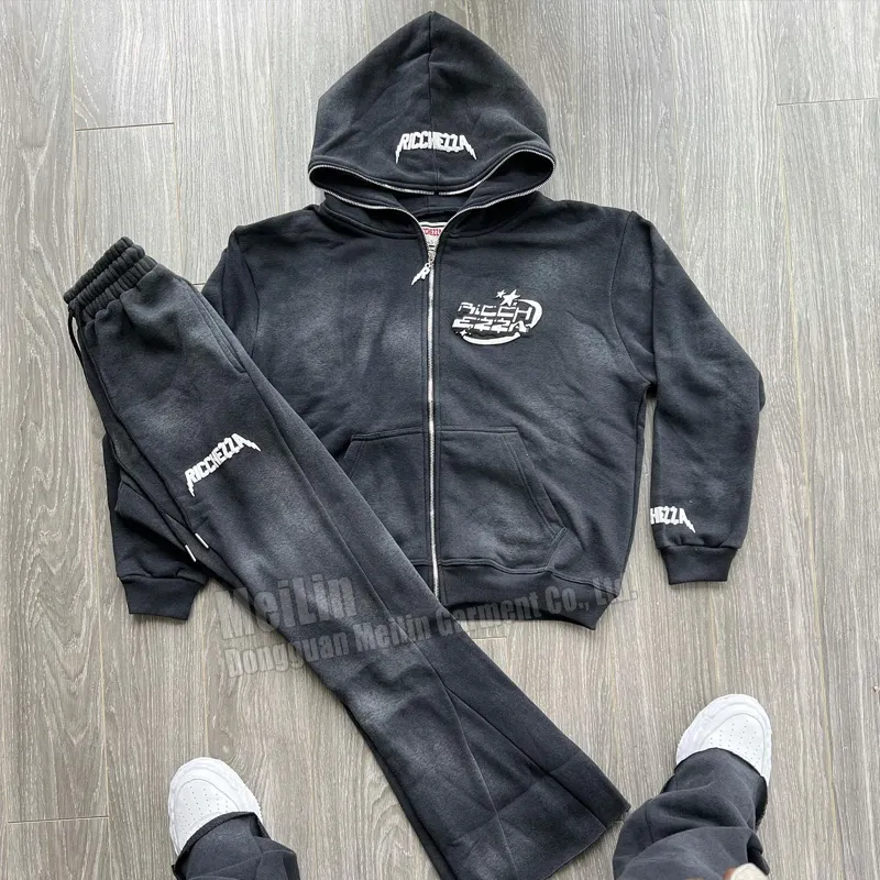 Özel Logo erkek eşofman eşofman Unisex eşofman s Jogger seti Vintage tam fermuarlı kapüşonlu svetşört asit yıkama eşofman eşofman s