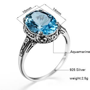Gotico retrò donna acquamarina anello 925 Sterling Silver promessa di nozze mamma moglie regalo di natale anello di pietre preziose blu gioielleria raffinata - Product Image 6