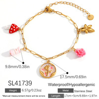 Bracelet à breloques en acier inoxydable plaqué or PVD, avec pendentifs variés (mushroom, rose, fleur), chaîne trombone, bijou de poignet pour femme