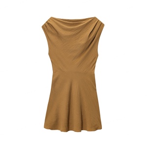 Robe Courte Sans Manches Couleur Kaki pour Femme, Col Rond, Design Plissé Asymétrique, Style Décontracté Vintage, Mode Estivale avec Détails Creux - Product Image 2