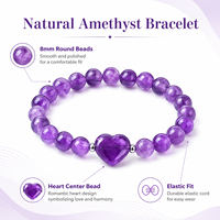 Bracelet extensible en perles de cœur en améthyste naturelle de 8 mm, cristal violet, bijoux, cadeau, vente en gros