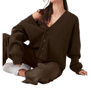Maglione da <span class=keywords><strong>donna</strong></span> in maglia di <span class=keywords><strong>cotone</strong></span> organico semplice da <span class=keywords><strong>donna</strong></span> con bottone Casual personalizzato con bottone a manica lunga giacca Activewear - Product Image 3