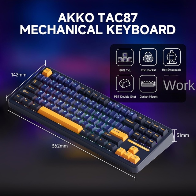 Akko TAC87 Wired Mechanical Keyboard 88 Keys 80% TKL Layout Gasket Mount USB-C Programmable Hot Swappable Cherry Gaming RGB