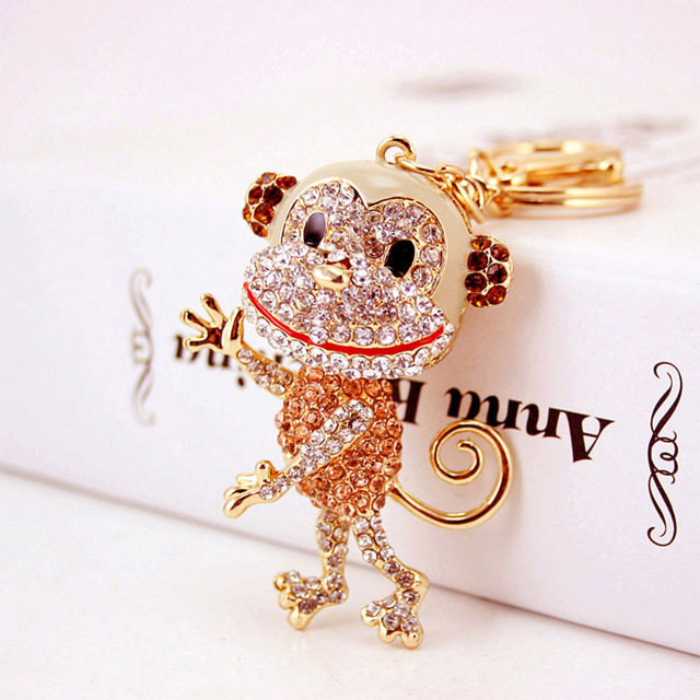 Cute Crystal Monkey Metal Keychain Shiny Animal Bag Pendant Fashion Accessory for Women Birthday Gift Custom Logo Available Zinc