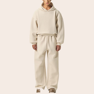 Ensemble de jogging brodé uni avec <span class=keywords><strong>sweat</strong></span> à capuche court à épaules tombantes et pantalon de survêtement large, en molleton épais - Product Image 1