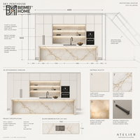Meubles de cuisine haut de gamme pour penthouse, îlot double cascade Calacatta Gold, puits de lumière, laque ivoire, menuiserie de cuisine sur mesure