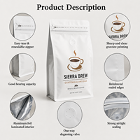 Sachet refermable personnalisé OEM en aluminium blanc imprimé avec valve pour grains de café torréfiés de 12 oz, sac à café à fond plat