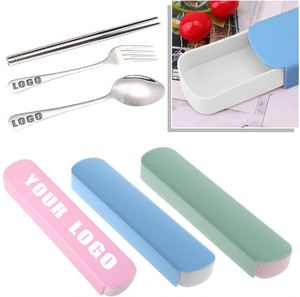 Nouvel ensemble de couverts portables d'extérieur pour étudiants en acier inoxydable 304 (cuillère, baguettes et fourchette) avec boîte d'emballage et LOGO personnalisé - Product Image 1