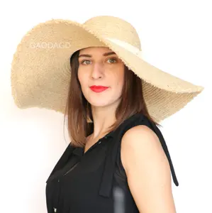 D Venta al por mayor sol Verano Playa Sombrero Rafia natural Sombrero trenzado de paja con ala grande para dama