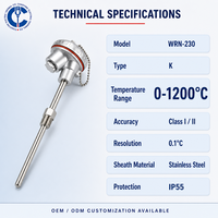 Sonde thermocouple de type K en acier inoxydable 0-1200 ° Capteur de température industriel IP55 pour fournaise, chaudière, moule, four