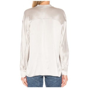 Elegant Women Clothing Front Patch Pocket 100% Silk <b>Satin</b> <b>Blouse</b> With Three Quarter Sleeves Office Shirt - Product Image 3