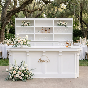 Set Bancone <span class=keywords><strong>Bar</strong></span> Moderno Bianco in Compensato Preassemblato con Scaffalature Posteriori per Eventi all'Aperto in Stile Rustico - Product Image 1