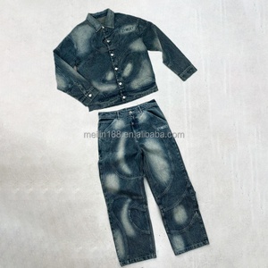 Clothing Custom Fashion Outfits Cut and <b>Sew</b> Denim Jeans Jacket <b>Sets</b> Unisex 14 Oz Heavyweight Sun Faded Denim Pants <b>Sets</b> for Men - Product Image 2