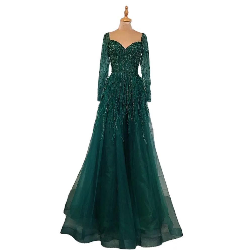 Red Long Sleeves A Line Beaded Feathers Evening Dresses 2022 Serene Hill LA71468 Green Party Gowns For Women