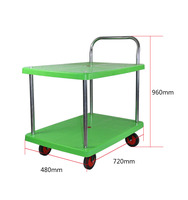 Chariot utilitaire en plastique à plateforme à 2 niveaux, à poignée unique, entièrement silencieux, vert, 48*72cm, charge 150kg, avec garde-corps, OEM, pour le transport d'outils