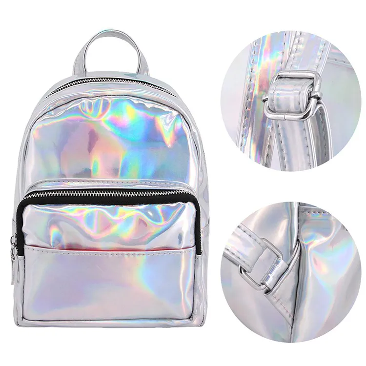Holographic Laser Backpack PU Leather Small Satchel Bags Girls Shiny Mini School Bag