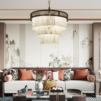 Lustre pagode à 3 niveaux en albâtre naturel |   Suspension LED en laiton à motif ondulé d'inspiration asiatique pour salle à manger