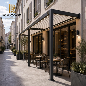Pérgola motorizada de aluminio RKOVE RK-C3 3*6 para montaje en pared con techo de lamas y luz LED, ideal para terrazas, patios y cafeterías al aire libre. - Product Image 4
