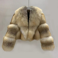 Neue Luxuriöse Damen-Fuchspelzmantel in Naturfarbe, Winter-Mode Echtes Lammfell Kurze Jacke mit Großem Kragen, Warm und Hochwertig