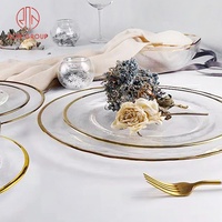 Assiettes de décoration en cristal de verre Transparent pour Banquet de mariage, assiettes de chargeur Transparent à bords dorés, meilleures ventes
