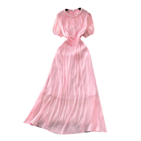 Robes midi élégantes d'été pour femmes, manches bouffantes, bordure en perles, taille froncée, robe longue fluide