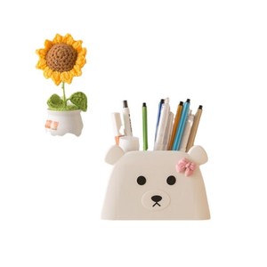 Cute Bear Pen Holder Desktop Stationery Storage Box Double Compartment White And Pink For Office School Use - Product Image 5
