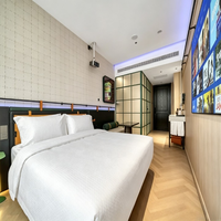 Ensemble de mobilier de chambre d'hôtel multi-styles, nouveau thème moderne et tendance, pour chambre familiale double, avec lit rembourré, tête de lit et panneau mural