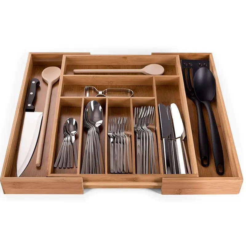 Range Bamboo Cutlery Cutlery Drawer Holder with 4 Compartments Maximera Large Fixed Covered Storage