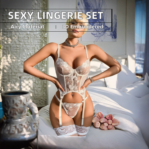 Elegante Set di Lingerie di pizzo rosso <span class=keywords><strong>bianco</strong></span> corsetto <span class=keywords><strong>reggiseno</strong></span> e mutandine con spalline da donna Bustier Sexy intima romantica biancheria intima trasparente - Product Image 3