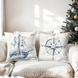 Bantal hias bertema bahari dengan gambar kapal, kompas, dan mercusuar untuk dekorasi rumah bergaya pantai - Product Image 3