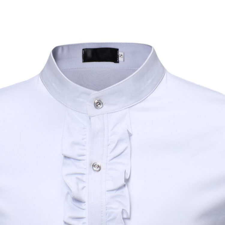 Fashion Mens Ruffle Tuxedo Dress Shirts Brand New Slim Fit Long Sleeve Stand Collar Shirt Men Prom Performing Wedding Shirts