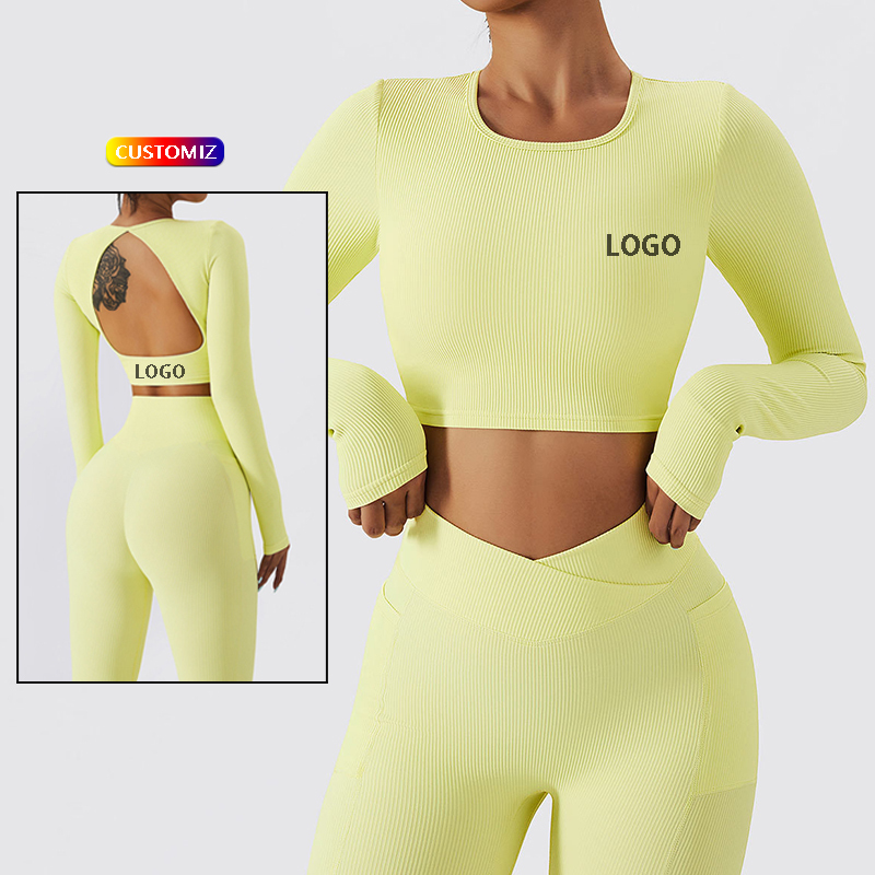 Chinese Factory Yoga Backless Sportswear Long Sleeve Fitness Apparel Womens Set Gym Quick Drying Sports Top Tight Ribbed T Shirt