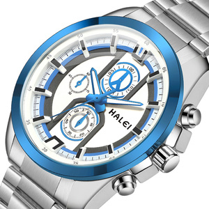 Envío Directo HALEI Reloj Deportivo de Acero Inoxidable para Hombre, 43 mm, Redondo, Analógico, de Cuarzo, Esfera Azul, Resistente al Agua 3 BAR, Movimiento Japonés - Product Image 1