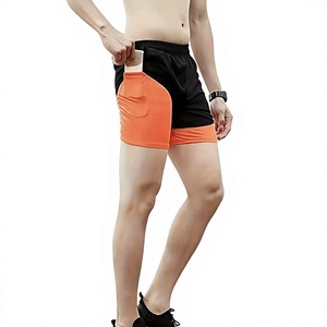 Wholesale Design Men's Gym Shorts Quick Dry Polyester Custom Logo Orange Black <b>Mid</b> Waist Double <b>Layer</b> Spandex Polyester Shorts - Product Image 1