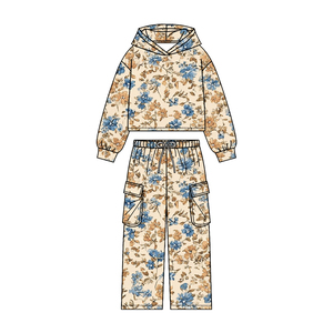 Conjunto de Sudadera con Capucha y Estampado Floral de Mariposas para Niñas Pequeñas, Sudadera Corta Beige con Estampado + Pantalones Cargo, Atuendo Casual de Otoño para Niños - Product Image 3