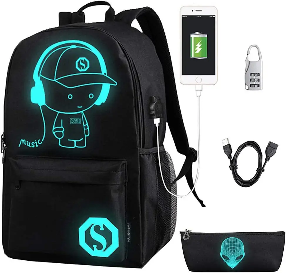 Anime Cartoon Luminous Backpack Laptop Backpack for Men Bookbags for Teen Boys with USB Charging Port 17 Inch Black Polyester