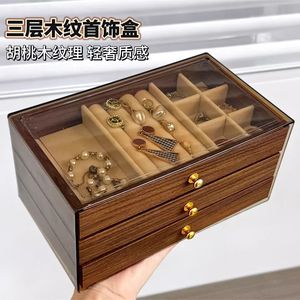 Walnut Wood Three Drawer Jewelry <b>Box</b> With Glass Top For <b>Earrings</b> Necklaces Rings Storage Organizers - Product Image 4