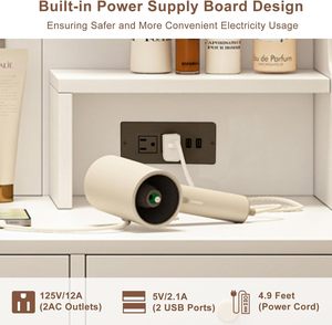 Tocador con espejo y lámpara, toma de corriente, con cajones y armarios, 3 modos de iluminación con brillo ajustable, dormitorio, blanco - Product Image 5