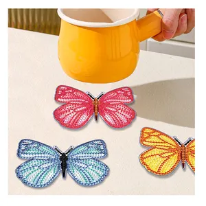 Diy 5d Diamond Painting Coasters Kits Colorful Butterfly Round Diamonds Art Acrylic Coaster With Holder Cup Mat