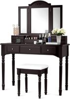Ensemble table de toilette et tabouret Table de maquillage détachable en bois Miroir pliant 7 tiroirs et plateau de rangement Meubles de chambre à coucher