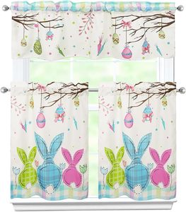 Rideaux de cuisine de Pâques, ensemble de 3 pièces, motif lapin printanier, avec cantonnière et rideaux courts pour fenêtre de cuisine ou de café au-dessus de l'évier - Product Image 1