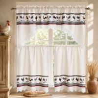 Ensemble de 3 rideaux de cuisine style ferme, rideaux courts à volants et à passe-tringle, aspect lin semi-transparent avec bordure en dentelle
