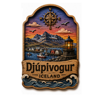 Imán de nevera de madera con sublimación de recuerdo de Puffin Djupivogur, Islandia, ciudad costera, logotipo personalizado, imán de nevera de madera de 3 capas
