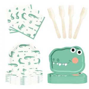 DAMAI Vaisselle de fête sur le thème de l'alligator, ensemble de fournitures pour fête d'anniversaire sur le thème des animaux, assiettes, serviettes, gobelets, kit de vaisselle pour 8 invités - Product Image 2