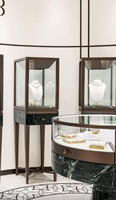 Vitrine à bijoux incurvée avec éclairage LED, dessus en verre verrouillable, design durable et facile à nettoyer pour les magasins de luxe